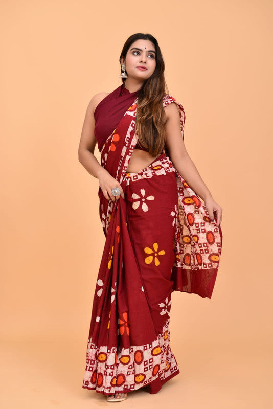 Maroon with Pink & Orange Coloured Pure Cotton with Beautiful Hand Block Printed Women Party/Daily wear Designer Cotton Saree with Blouse!!