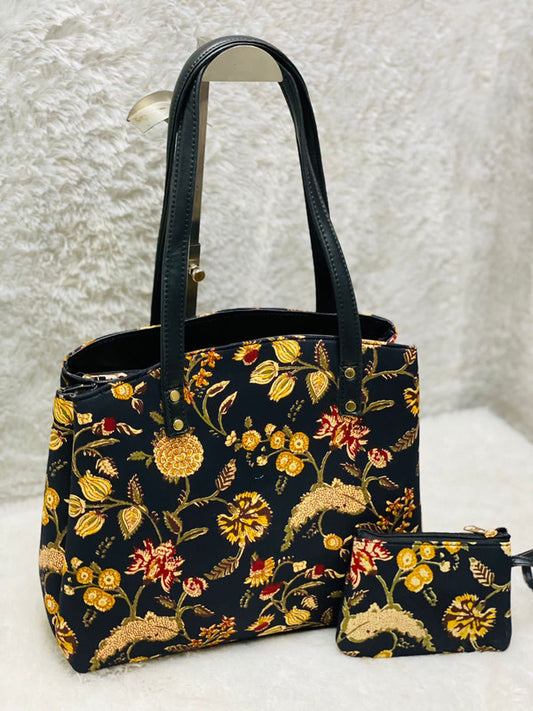 Mustard Yellow & Black Coloured Pure Cotton Hand Block Printed Triple Partition Women Hand Bang with Pouch!!