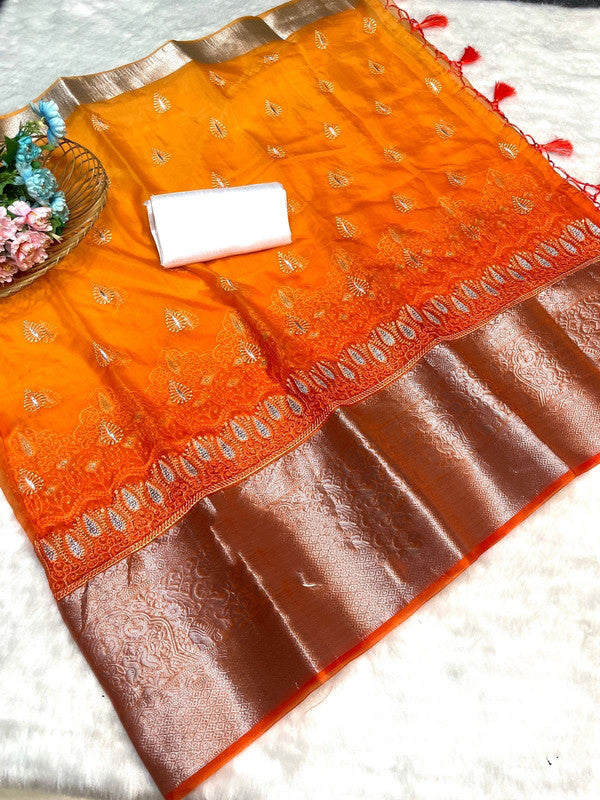 Orange Coloured Pure Organza Kora Silk Jaqucard Fnacy Hand dying Women Party wear Saree with Blouse!!