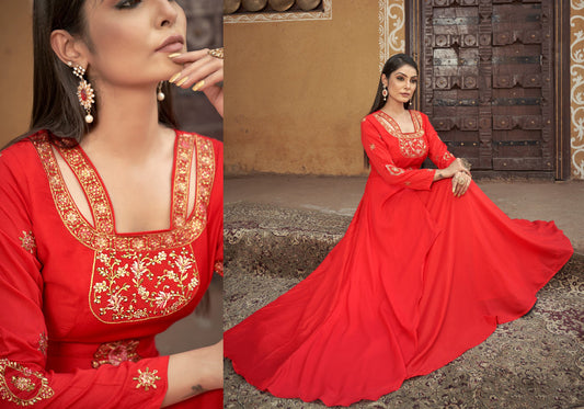 Red Coloured Heavy Maslin with Heavy Embroidery work Women Designer Ethnic Party wear Gown!!