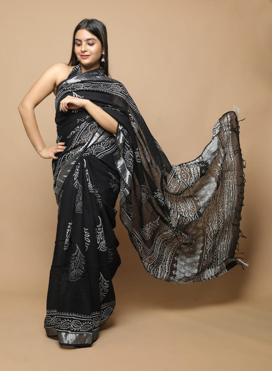 LINEN HAND BLOCK PRINT SAREE