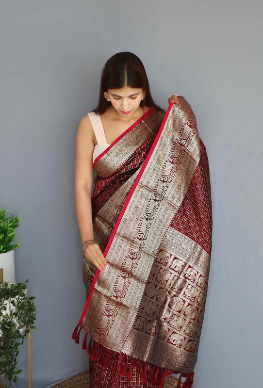 Maroon & Red Coloured Beautiful Shiny Checks with Rich Pallu and attractive Border Women Designer Party wear Soft Silk Saree with Blouse!!