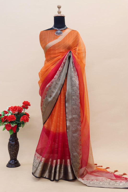 Orange & Dark Pink Coloured Soft pure Kora Khadi Organza Silk Jacquard weaving border with chit pallu Women Party wear Silk Saree with Blouse!!