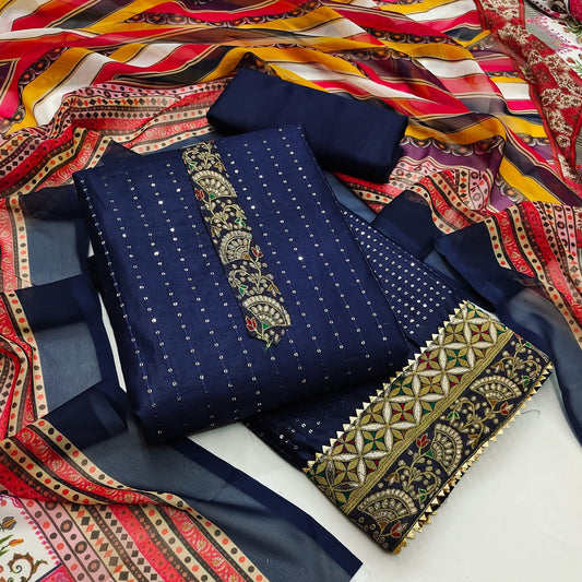 Blue PC Cotton Sequence Work Designer Dress Material & Digital Print Dupatta Suit for women!!