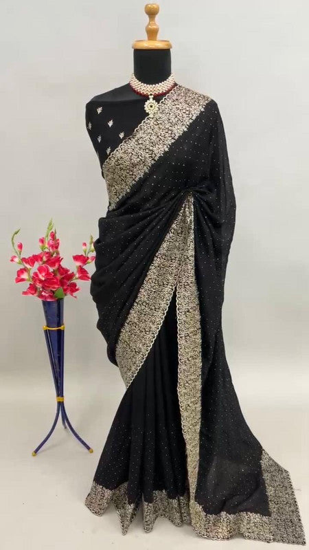 Black Coloured Premium Vichitra Silk Embroidered Cutwork Border Women Designer Party wear Fancy Saree with Blouse!!