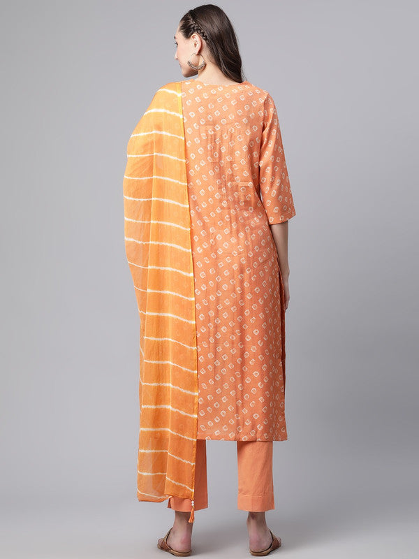 Orange Coloured Chanderi Silk Bandhani printed Round Neck 3/4 Sleeves Women Designer Party wear Kurti with Trousers & With Dupatta!!