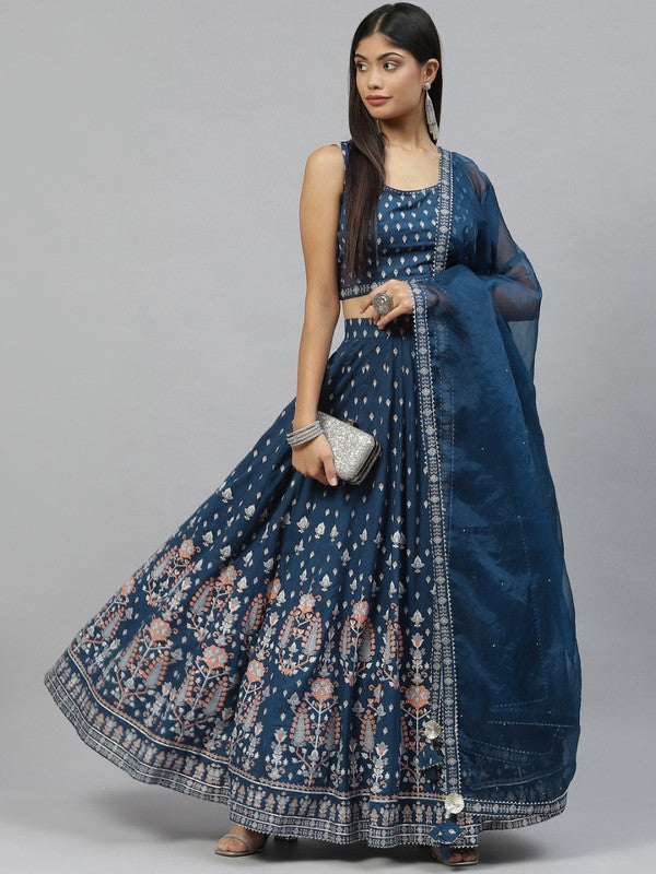 Navy Blue Printed Sequinned Lehenga with Blouse & Dupatta!!
