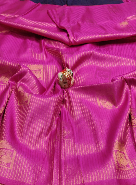 FABULOUS  SOFT SILK FABRIC WITH COPPER JARI AND CONTRAST BORDER &  RICH GRAND PALLU,