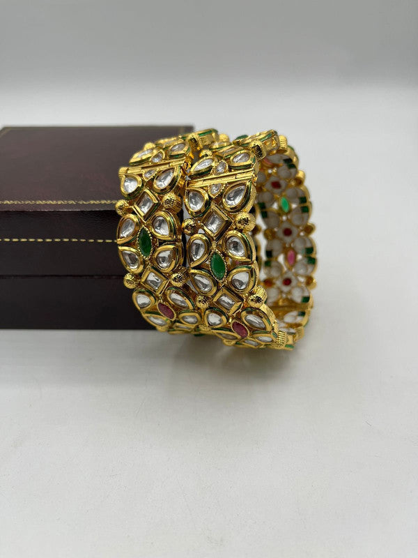 Gold & Multi Coloured Pure Brass Real Kundan Gold Plating Women Designer Set of 2 Openable Kada Bangles!!