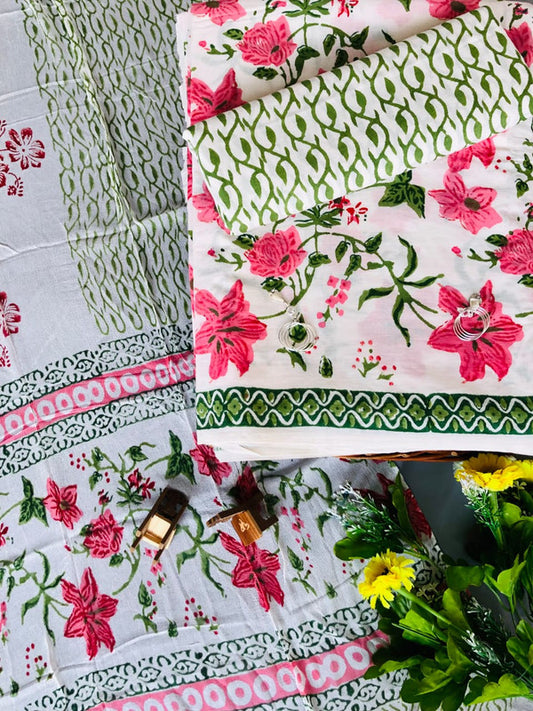 White with Pink & Green Coloured Cotton Unstitched Hand Block Printed Women Party/Daily wear Dress Material Suit- Top with Bottom & Chiffon Dupatta!!