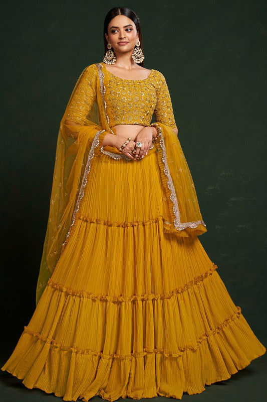 Mustard Yellow Coloured Faux Georgette Thread & Sequence Embroidery Work Woman Designer Party wear Bridal Lehenga Choli with Dupatta Set!!
