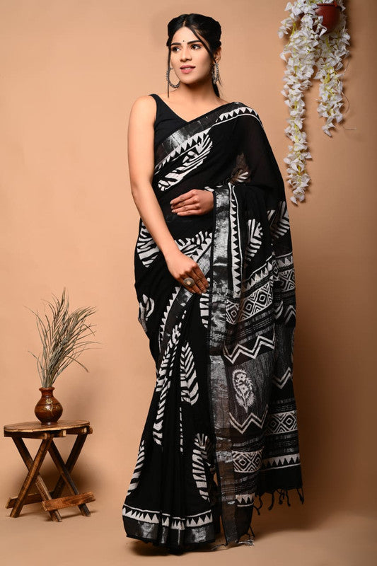 Black & Multi Coloured Linen Cotton Beautiful Hand Block printed Women Daily/Party wear Saree with Blouse!!