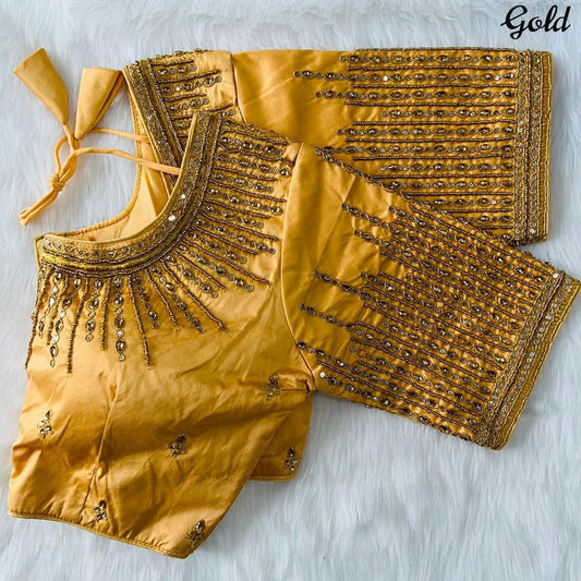 Gold Coloured fentam Silk Coding Jari & Khatli Hand work Woman Ready made Botique Style Designe Blouse- Free Size Up to 40 Inch!!