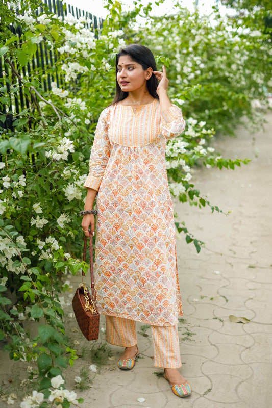 Orange & Multi Coloured Pure Cotton Printed Women Designer Traditional Daily wear Kurti with Pant!!