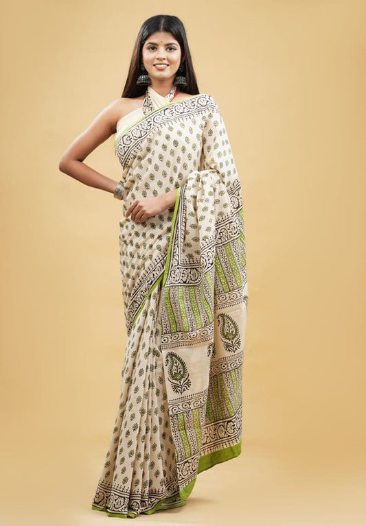 Beige & Paroot Green Coloured Beautiful Hand Block printed Women Daily/Party wear Pure Cotton Saree with Blouse!!