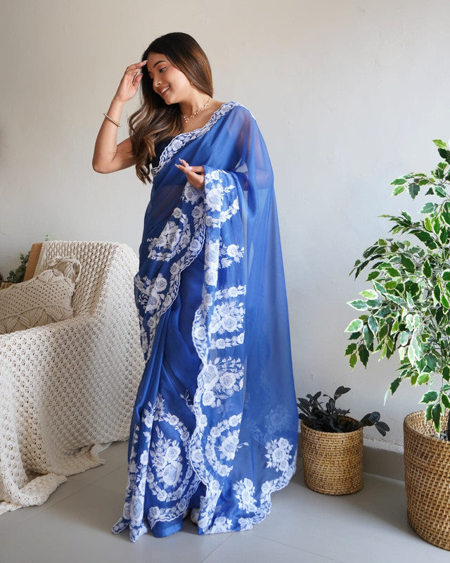 Blue Coloured Organza Silk with Embroidery & thread work Women Party wear Designer Organza Silk Saree with Blouse!!