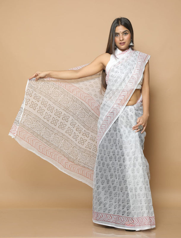 White & Black Coloured Kota Doria Hand Block Printed Cotton Saree with Blouse!!