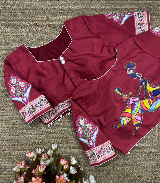 Maroon & Multi Coloured Pure Silk with Hand work Woman Ready made Designer Botique Navaratri Dandiya Style Blouse- Free Size Up to 42 Inch!!