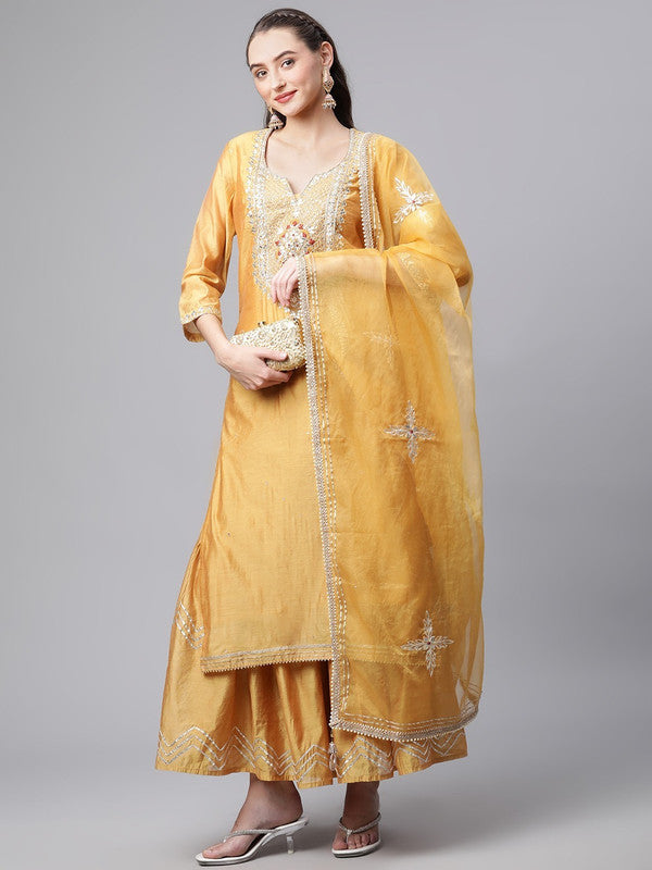 Yellow Ethnic Motifs Yoke Design Chanderi Silk Straight shape Kurta with Sharara & Dupatta!!