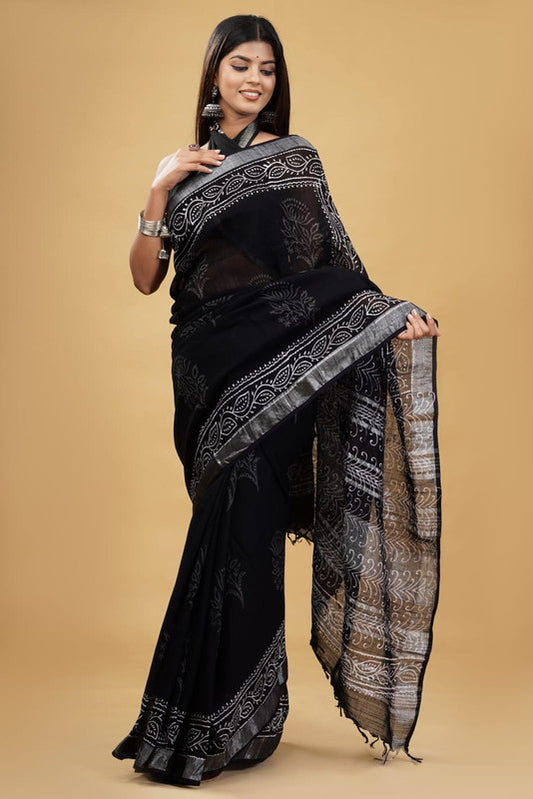 Black Coloured Linen Hand Block Print Saree with Linen Blouse!!