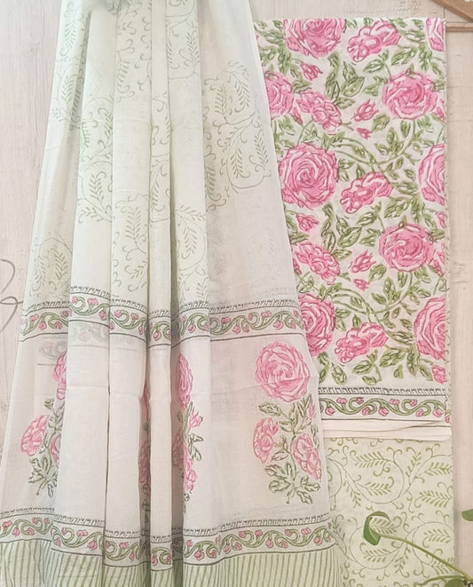 Light Green & Pink Coloured Unstitched Pure Cotton Hand Block Printed Women Party/Daily wear Dress Material Suit- Top with Bottom & Cotton Dupatta!!