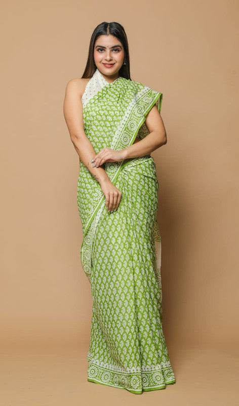 Mehendi Green & White Coloured Beautiful Hand Block printed Women Daily/Party wear Pure Mul Cotton Saree with Blouse!!