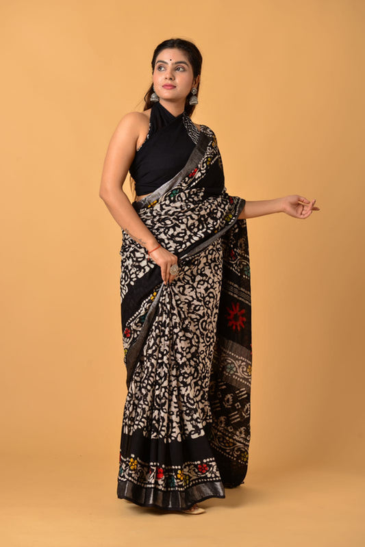 Black & Multi Coloured Linen Cotton with Beautiful Hand Block Printed Women Party/Daily wear Designer Linen Cotton Saree with Blouse!!