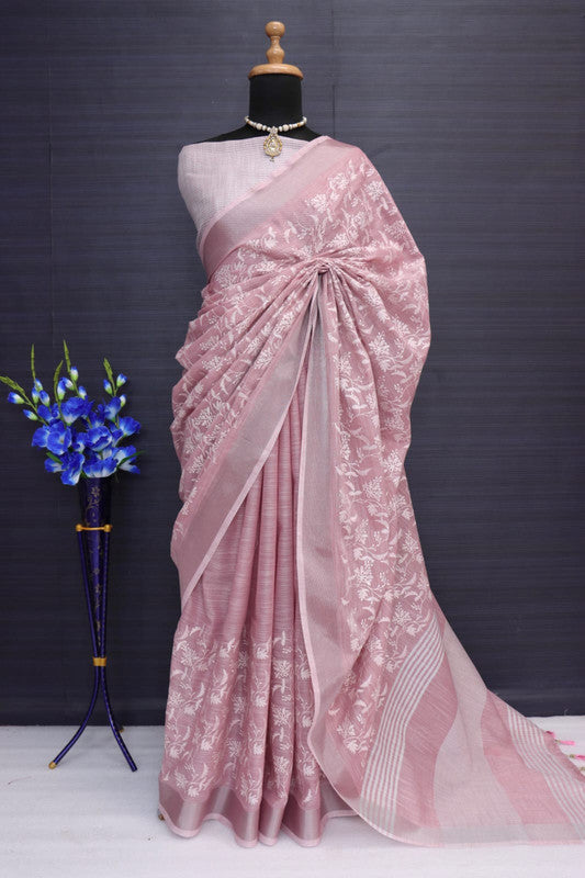 Onion Pink Coloured Luknawi Chiken Work Handloom Linen Cotton with Fancy Tassels Women Designer Party wear Saree with Blouse!!