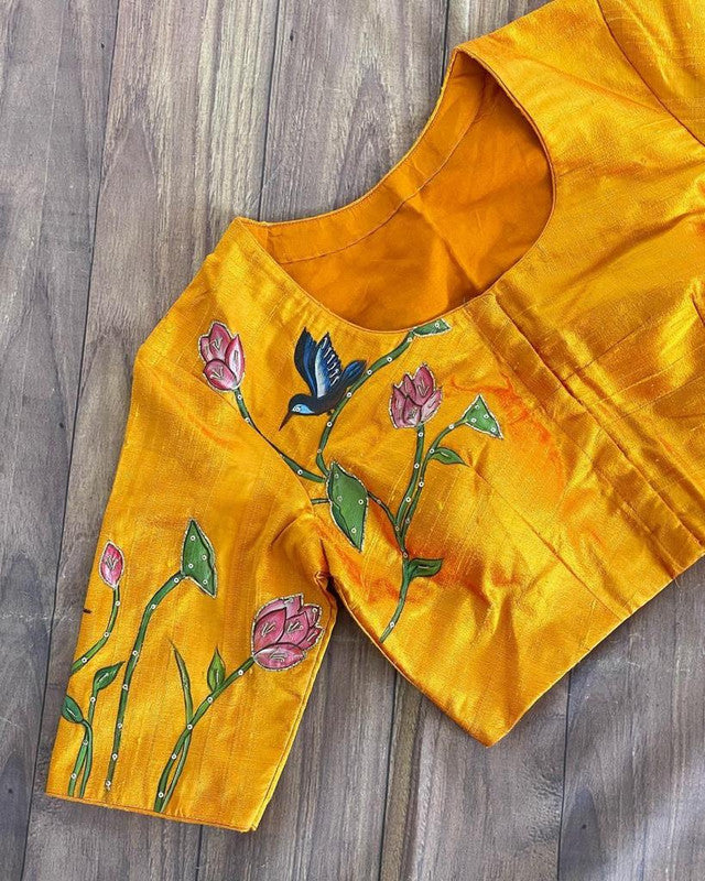 Yellow Ready made Blouse - Pure Silk with Hand print& Antique Handcrafted work !!