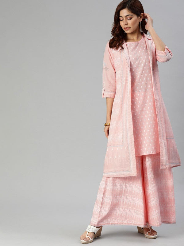 Pink & White Coloured Pure Cotton Printed Gotta Patti Anarkali Shape Women Designer Party/Daily wear Kurti with Trousers & Dupatta!!