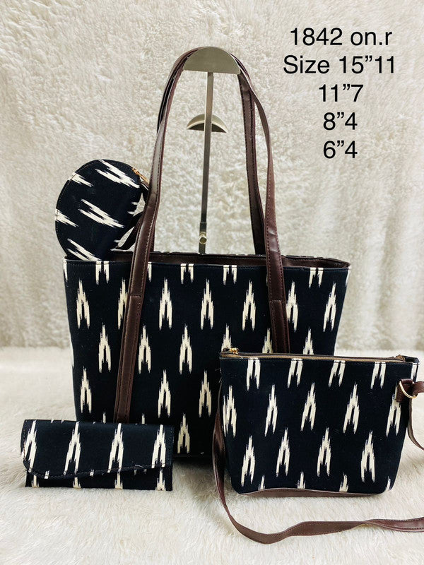 Black & White Coloured Pure Cotton Printed Women Hand Bang- 4 PCS Combo( Tote Bag, Sling Bag, Envelop Purse & Key Pouch)!!