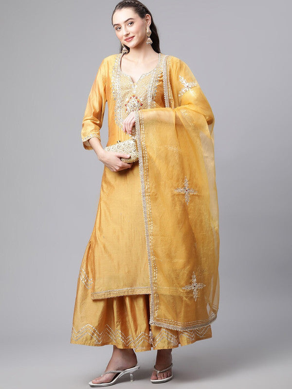 Yellow Coloured Chanderi silk Straight Shape Women Yoke Designer Party/Daily wear Kurti with Sharara & Dupatta!!