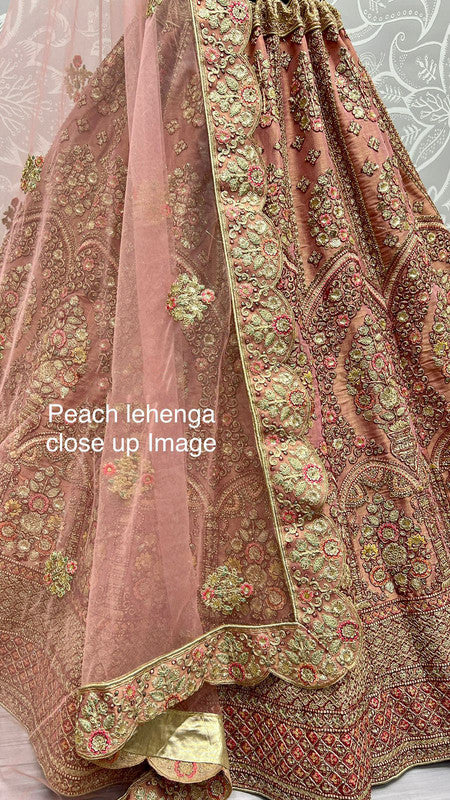 Peach Coloured Bridal Net Dori Embroidery with Zari work and Multi Thread Woman Designer Party wear Bridal Lehenga Choli with Dupatta Set!!