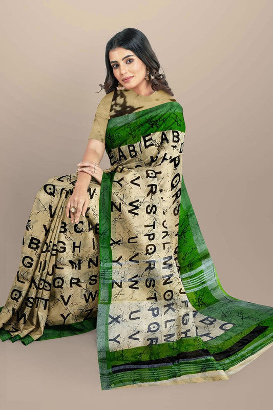 Beige & Multi Coloured Linen Cotton Beautiful Hand Block printed Women Daily/Party wear Saree with Blouse!!