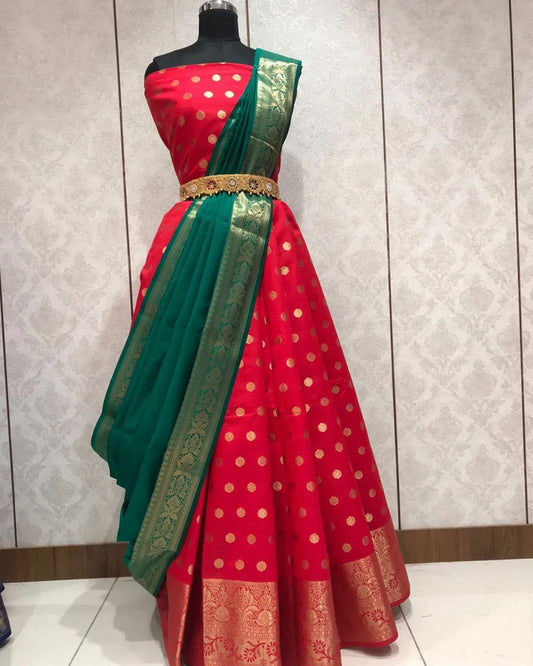 Red & Green Coloured Pure Kanjivaram Silk  with Zari Body and Border with Blouse & Pure Banarasi Dupatta Woman Designer Half Saree Lehenga!!