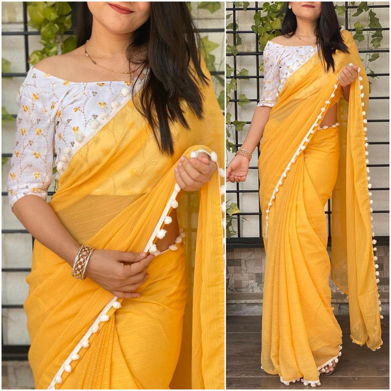 Georgette saree with pompom lace & contrast Sequence work Blouse!!