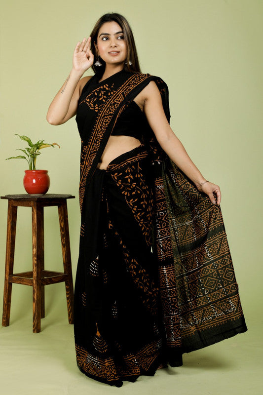 BEAUTIFUL BLACK HAND PRINTED MUL COTTON SAREE!!