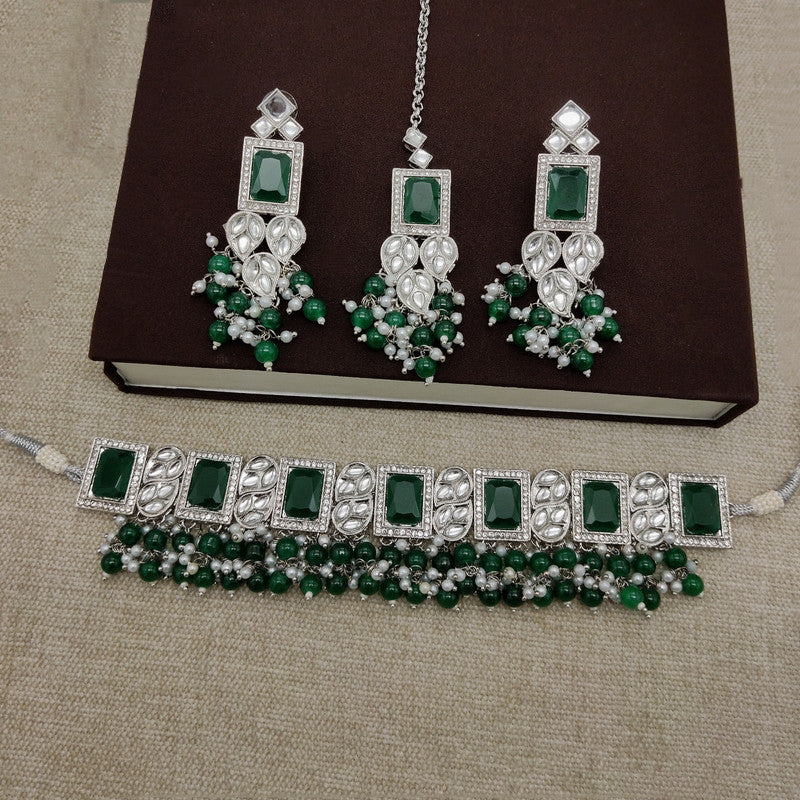 Green & White Coloured Premium Silver Plating Real Kundan with Pearls Women Choker set with earrings & Maatha Patti!!