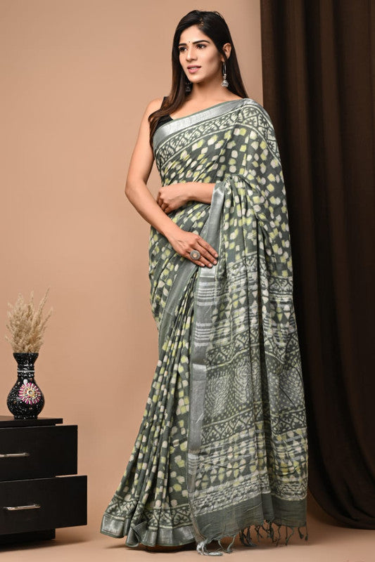 Latest Attractive Beautiful Designer Hand Block Print Linen Saree