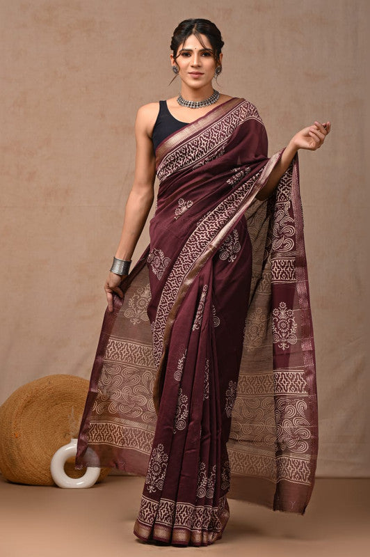 Brown & White Coloured Hand Block Printed Women Designer Party wear Maheshwari Cotton Silk Saree with Runnin Blouse!!