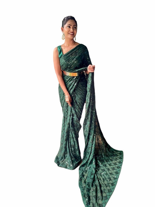 Green Coloured Premium Georgette with Sequence work lace Border with Piping Women Party wear Fancy Ready to wear Saree with Blouse!!