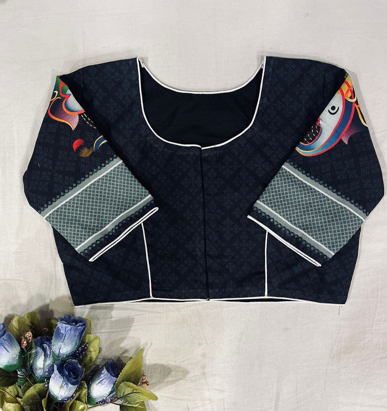 Navy Blue Coloured Pure Cotton with Traditional Print Woman Ready made Designer Botique Style Blouse- Free Size Up to 42 Inch!!