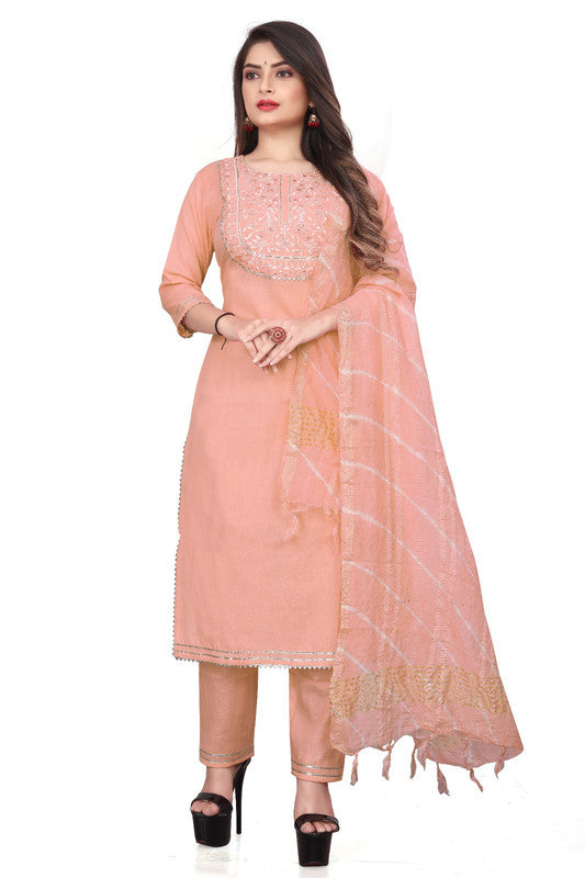 Peach Coloured Pure Cotton with Embroidery work Round Neck 3/4 Sleeves Women Fully Stitched Designer Party/Daily wear Kurti with Pant & Chanderi Dupatta!!