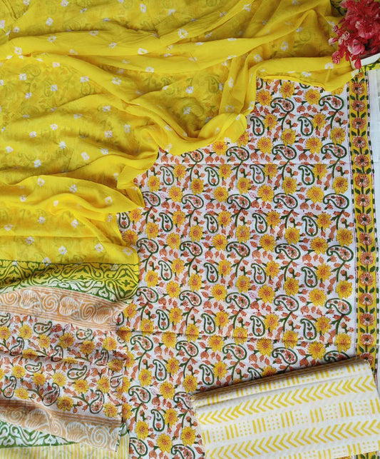 Yellow & Multi Coloured Pure Cotton Printed Women Party/Daily wear Dress Material Suit- Top with Bottom & Cotton Dupatta!!