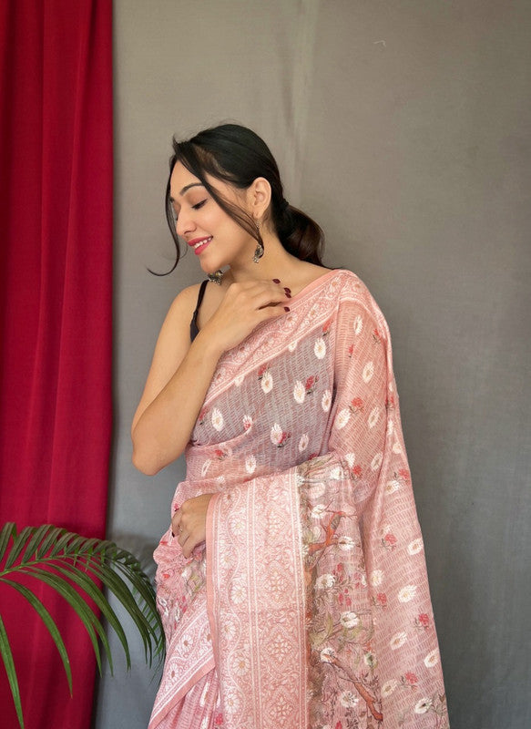 Pink Coloured Pure Cotton Linen Saree with Orignal Chikankari Lucknowi work with rich Embrodieeded pallu  with Blouse!!