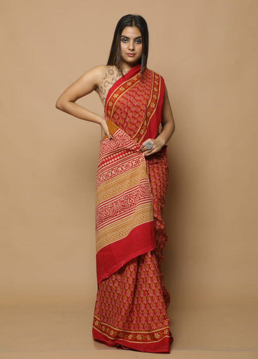 Red & Beige Coloured Beautiful Hand Block printed Women Daily/Party wear Pure Mul Cotton Saree with Blouse!!