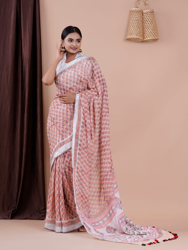 BEAUTIFUL LINEN HAND BLOCK PRINT SAREE