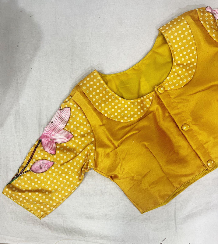 Yellow Coloured Pure Silk with Handmade work  Woman Ready made Designer Botique Style Blouse- Free Size Up to 42 Inch!!