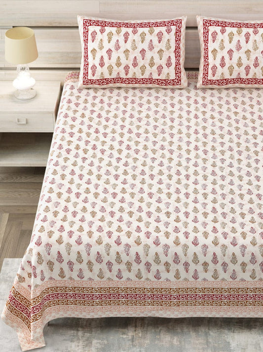 Pink & Multi Coloured Pure Cotton Beautiful Hand Printed King size Double Bed sheet with 2 Pillow covers!!