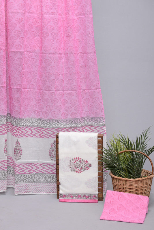 Pink & Multi Coloured Beautiful Unstitched Premium Cotton Hand Block Printed Women Party/Daily wear Dress Material Suit- Top with Bottom & Mul Cotton Dupatta!!